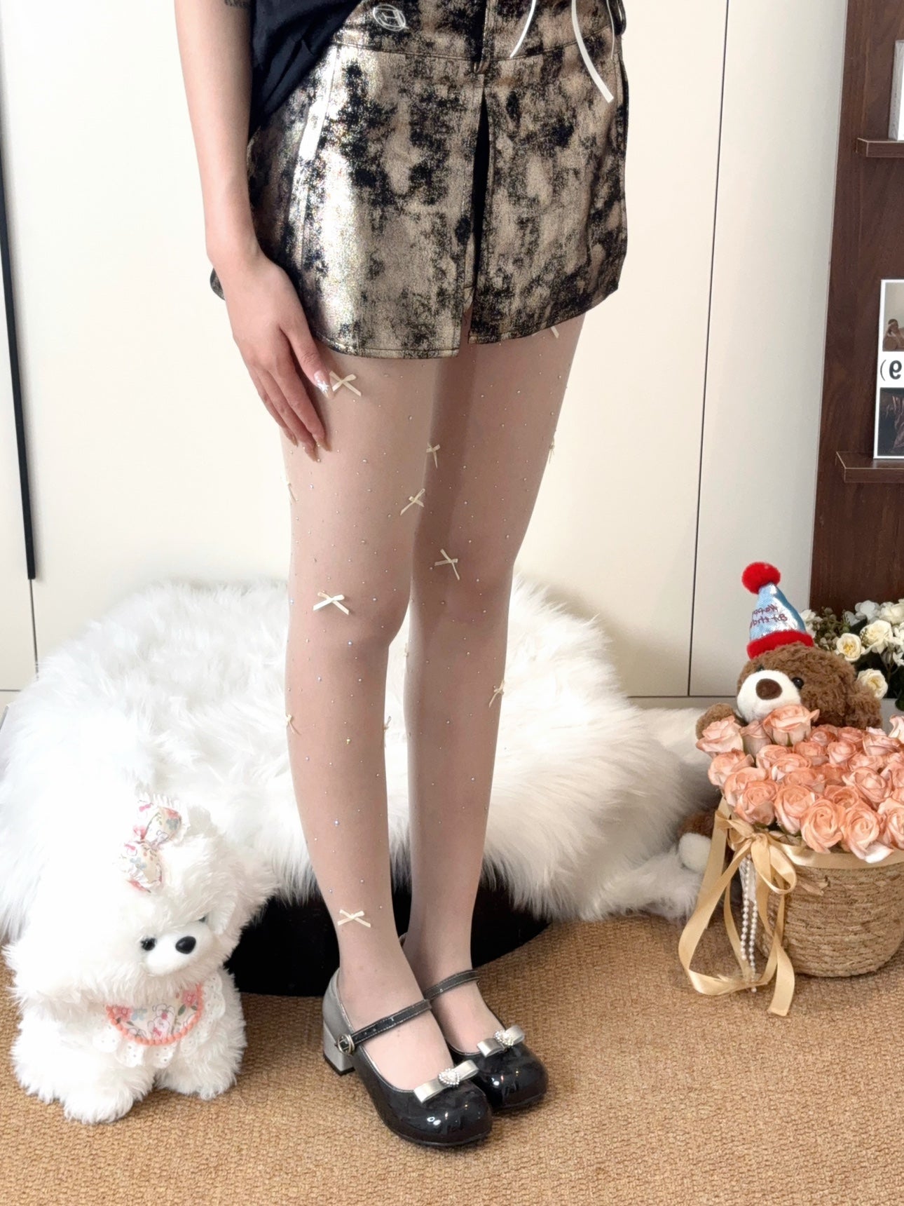 3D Bow Tights With Pearls