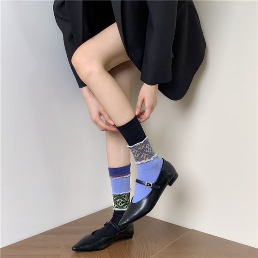 Blue Green Red Color-block Mid-calf Socks