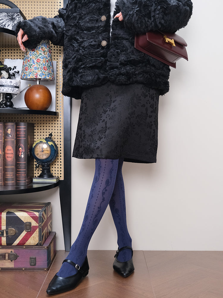 Jacquard Lace patterned semi-sheer navy Tights