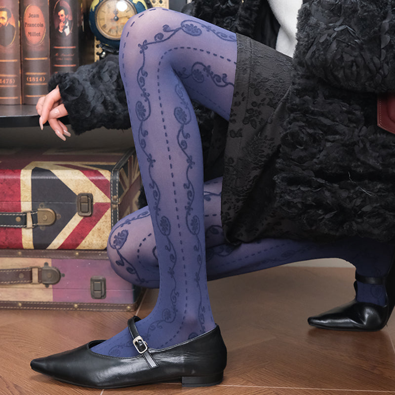 Jacquard Lace patterned semi-sheer navy Tights