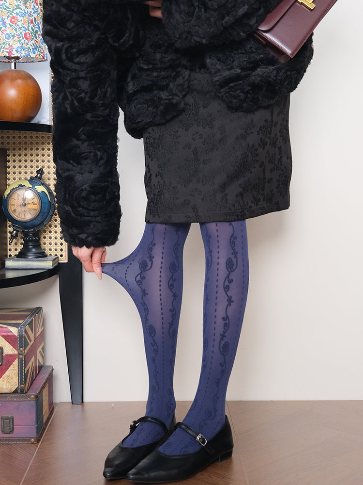 Jacquard Lace patterned semi-sheer navy Tights