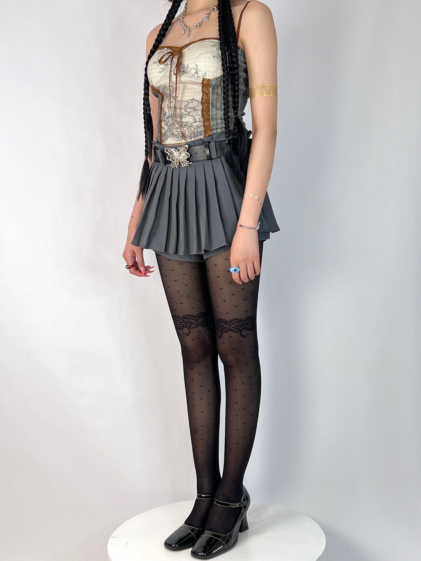 Sheer Thigh Patchwork Lace Tights with Polka Dots