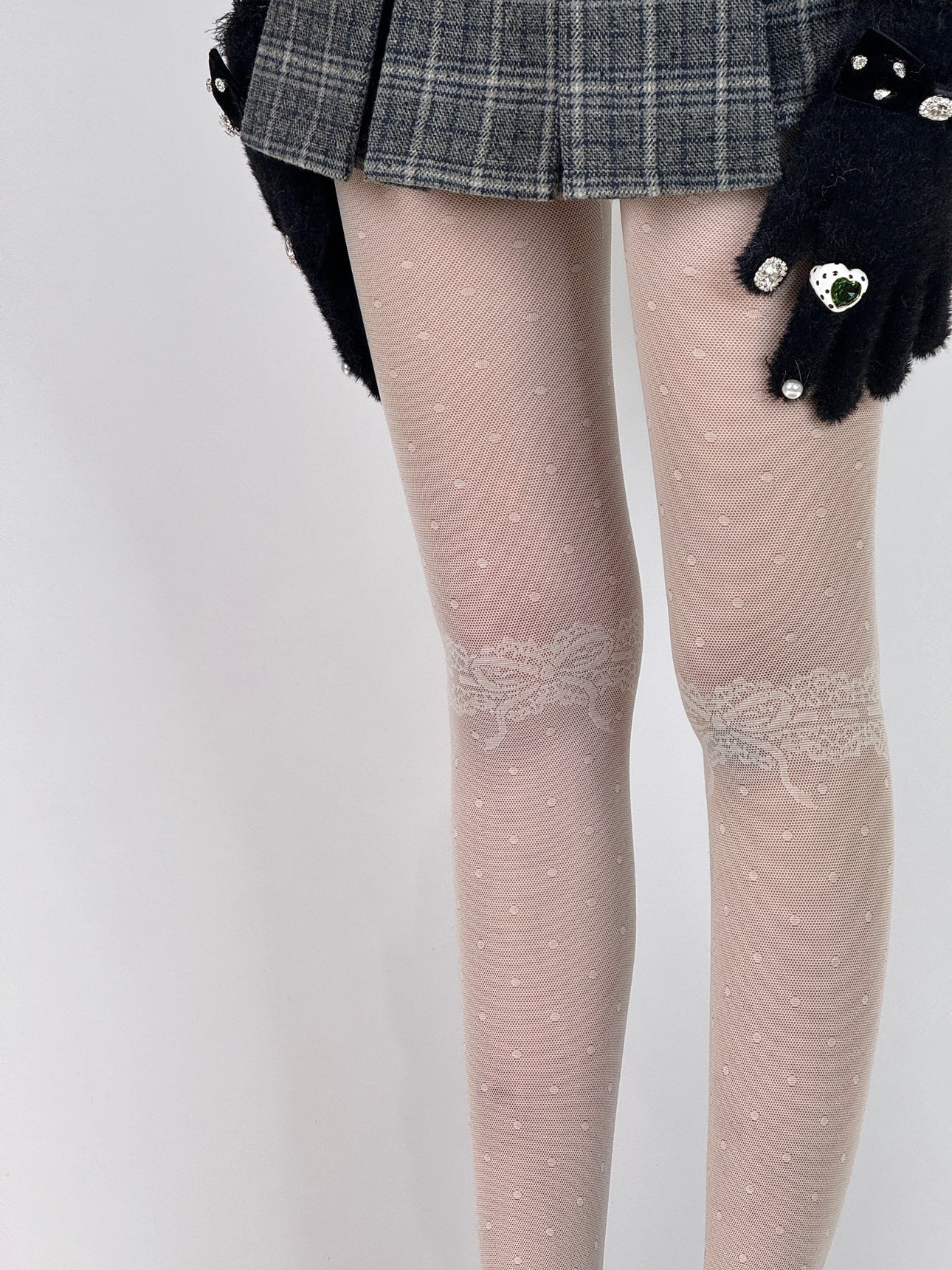 Sheer Thigh Patchwork Lace Tights with Polka Dots