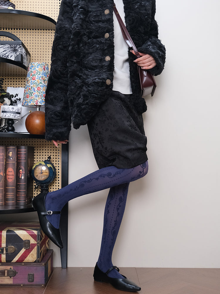 Jacquard Lace patterned semi-sheer navy Tights