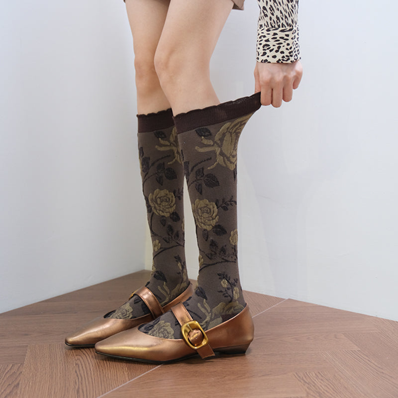 Rose Pattern Brown Vintage Calf Socks