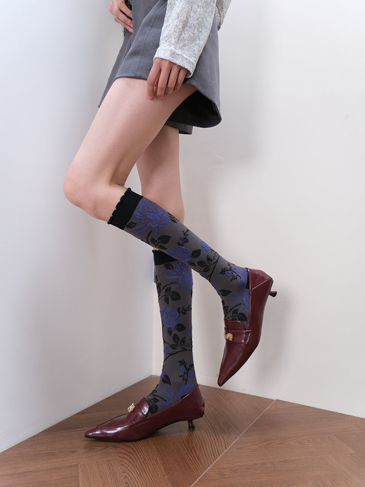 Rose Pattern Brown Vintage Calf Socks