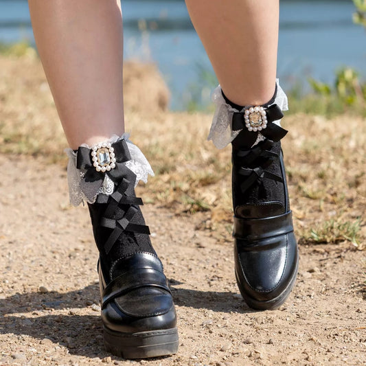 Handmade Gemstone Bow Lace Socks