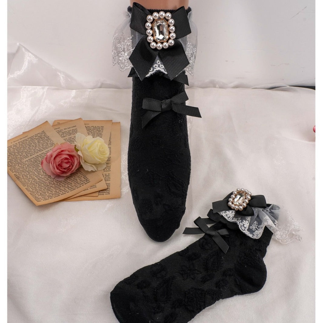 Handmade Gemstone Bow Lace Socks