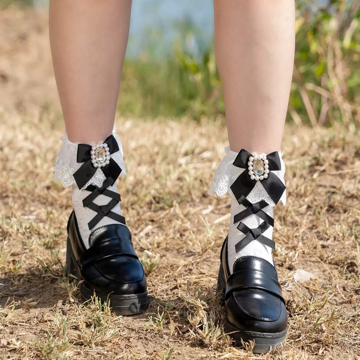 Handmade Gemstone Bow Lace Socks