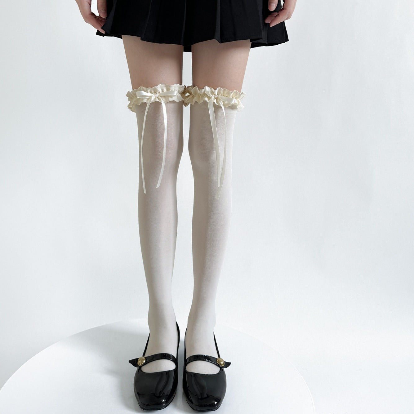 Ruffle Bow Knee High Sheer Socks