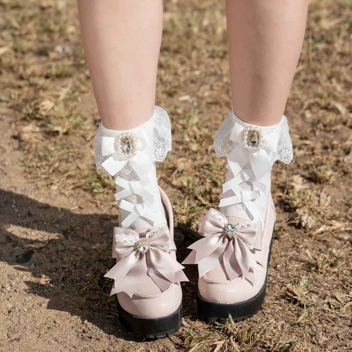 Handmade Gemstone Bow Lace Socks