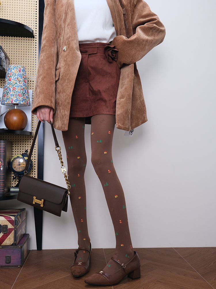 Christmas Tree Pattern Tights - Brown