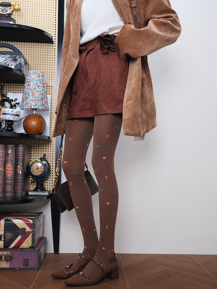 Christmas Tree Pattern Tights - Brown