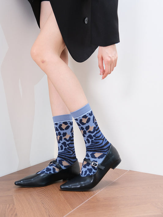 Zebra Leopard Print Color-block Mid-calf Socks